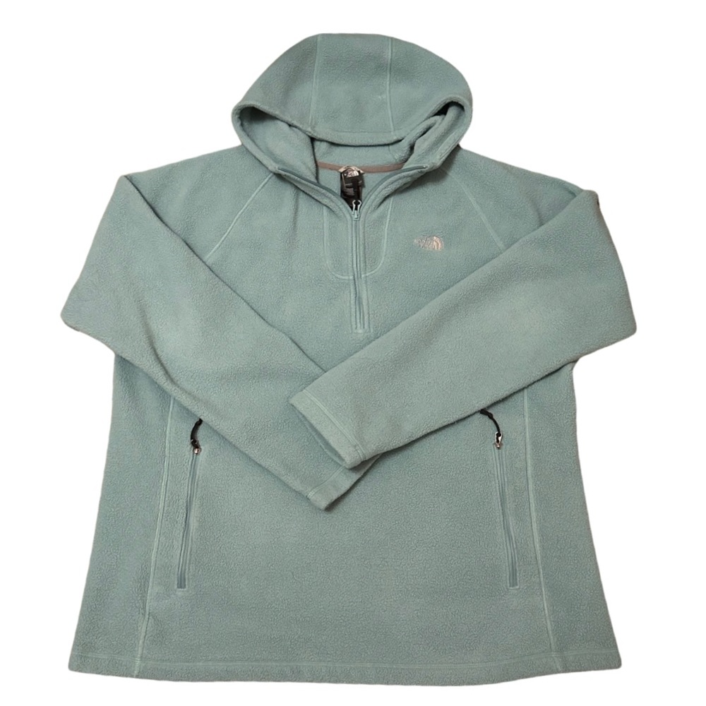 The North Face blue fleece hoodie with kangaroo pockets